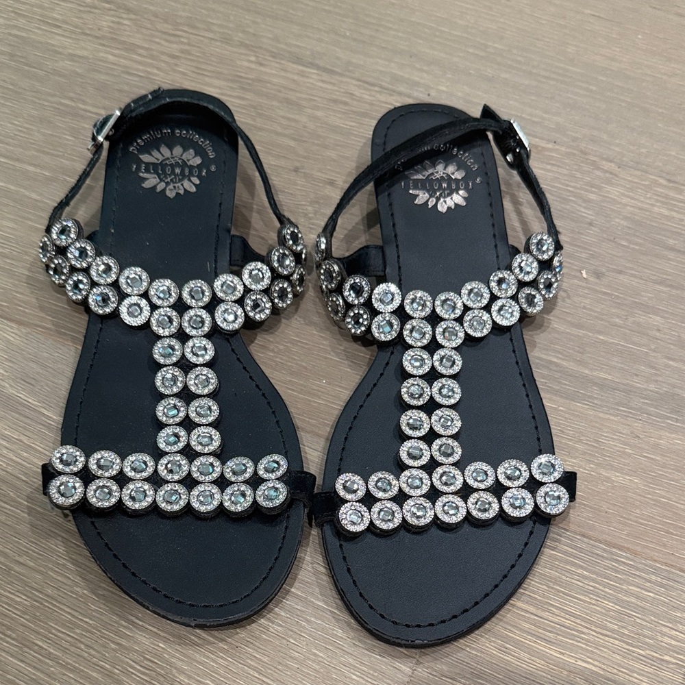 Yellow Box Black Sandals with Silver Accents